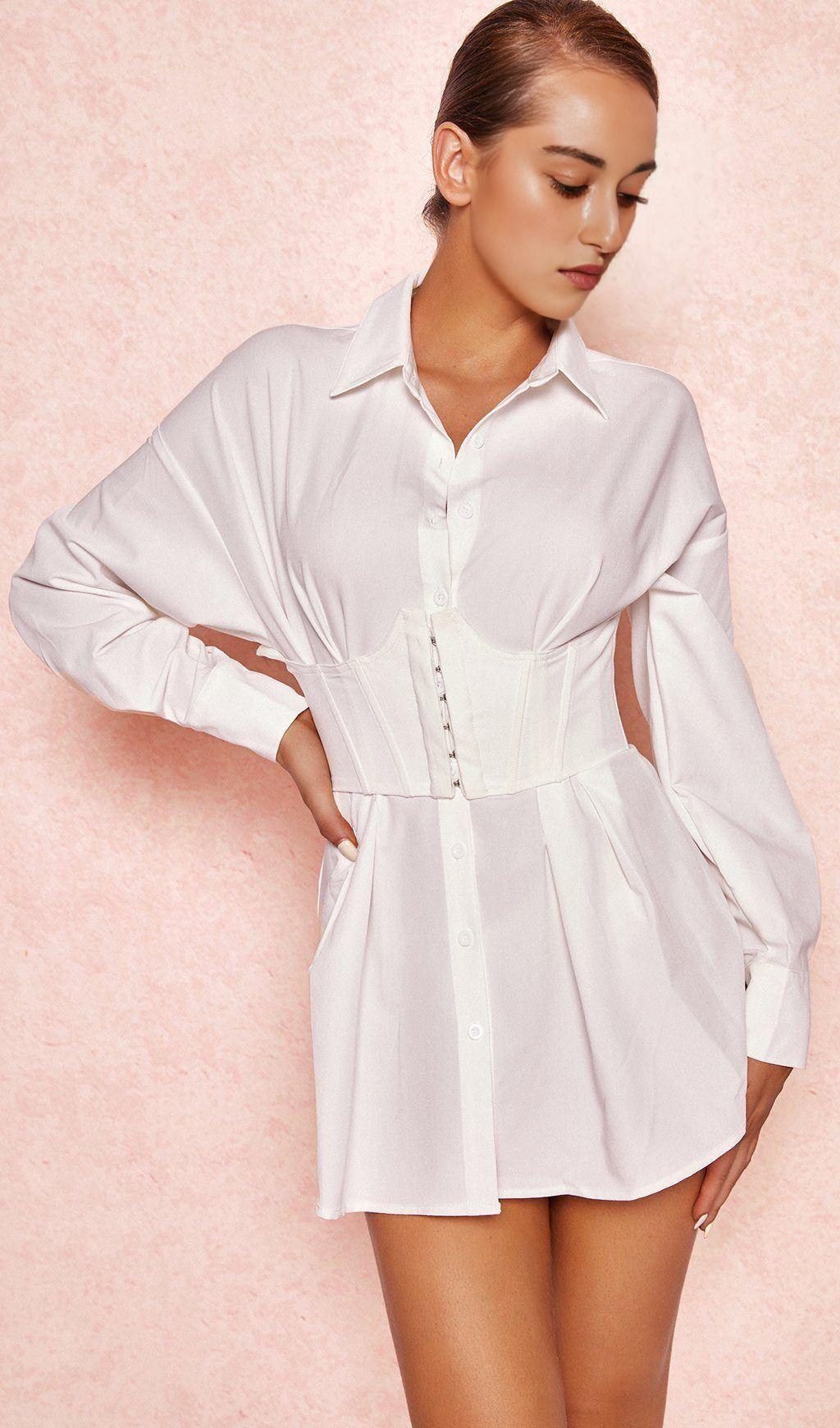 WHITE CINCHED WAIST SHIRT DRESS