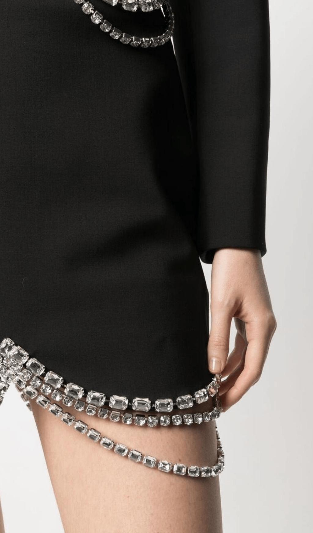 Two-piece suit with rhinestone chain