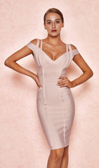 TAUPE OFF SHOULDER LUREX BANDAGE DRESS