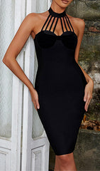 HALTER NECK BANDAGE MIDI DRESS IN BLACK