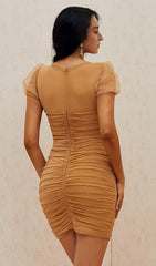 TAN PUFF SLEEVE RUCHED DRESS