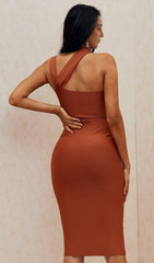 TAN CUT OUT BANDAGE MIDI DRESS