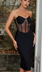 STRAPPY MESH CORSET MIDI DRESS IN BLACK