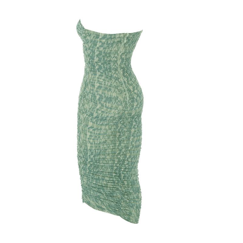 STRAPLESS RUCHED MIDI DRESS IN GREEN