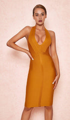 ORANGE BANDAGE WRAP PLUNGE DRESS