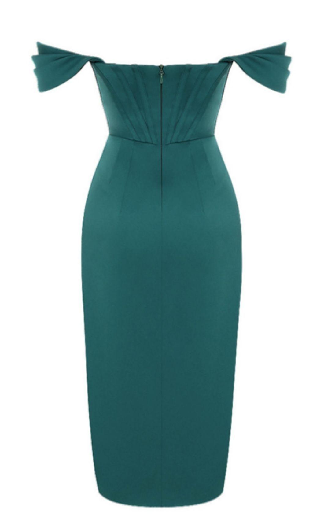 EMERALD STAIN STRAPLESS RUCHED MIDI DRESS