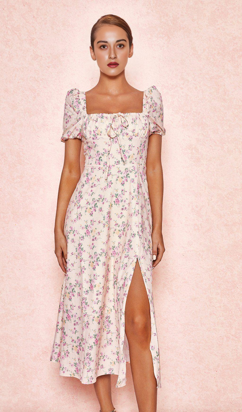 LEMON FLORAL PUFF SLEEVE MIDI SUNDRESS