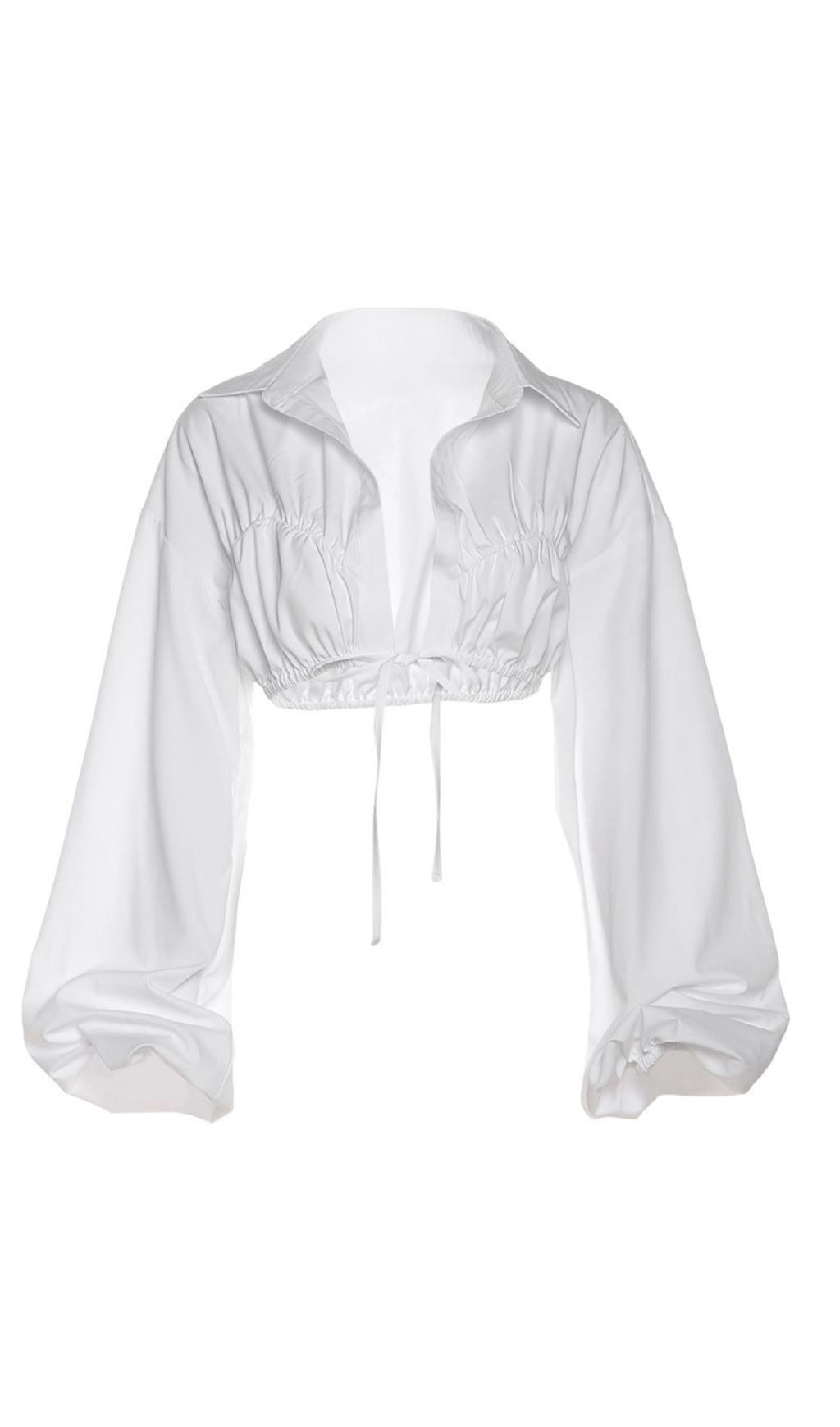 LAPEL LANTERN SLEEVE LACE SHIRT TOP