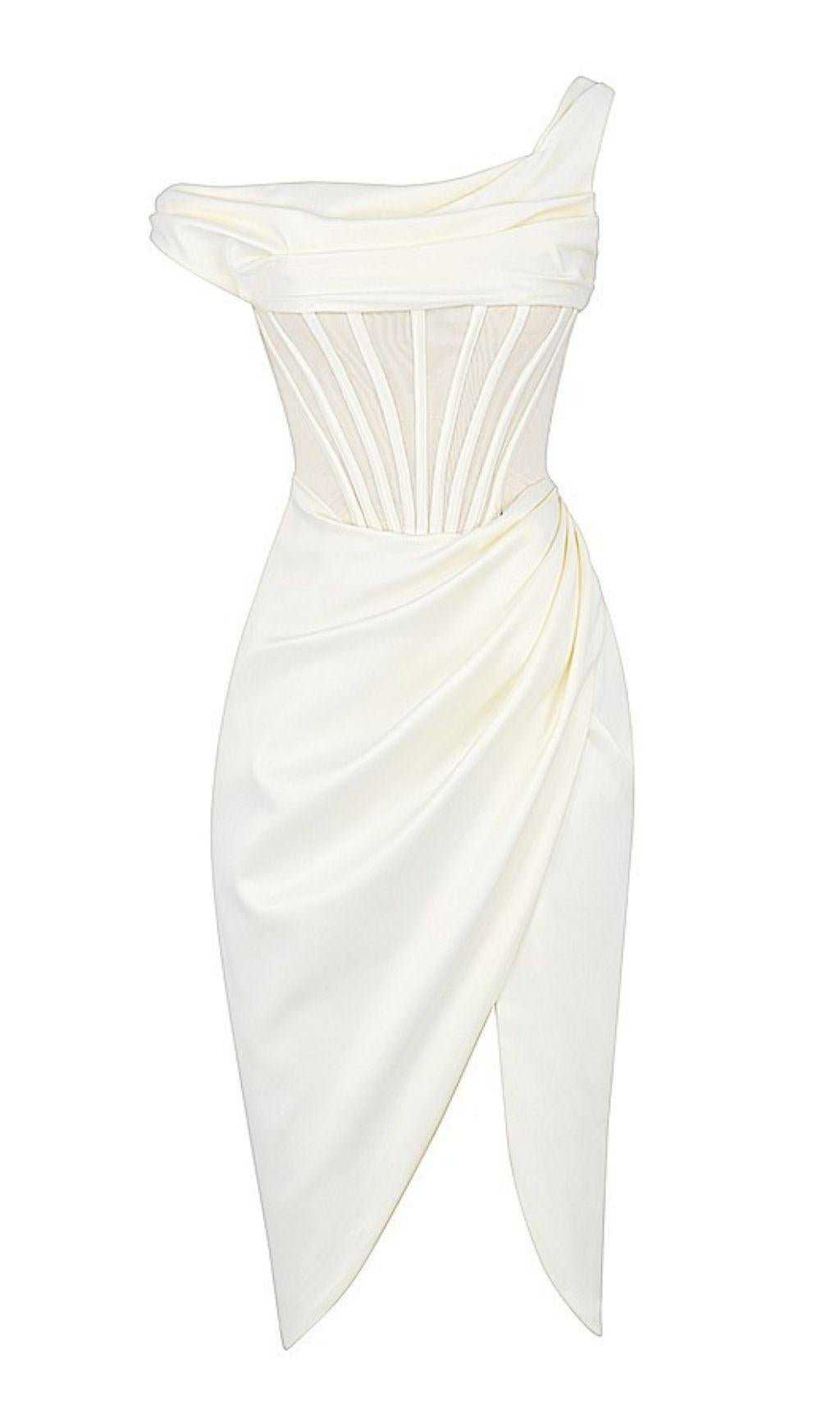 IVORY DRAPE CORSET MIDI DRESS