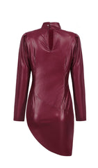 WINE PUFF SLEEVE LEATHER DRESS