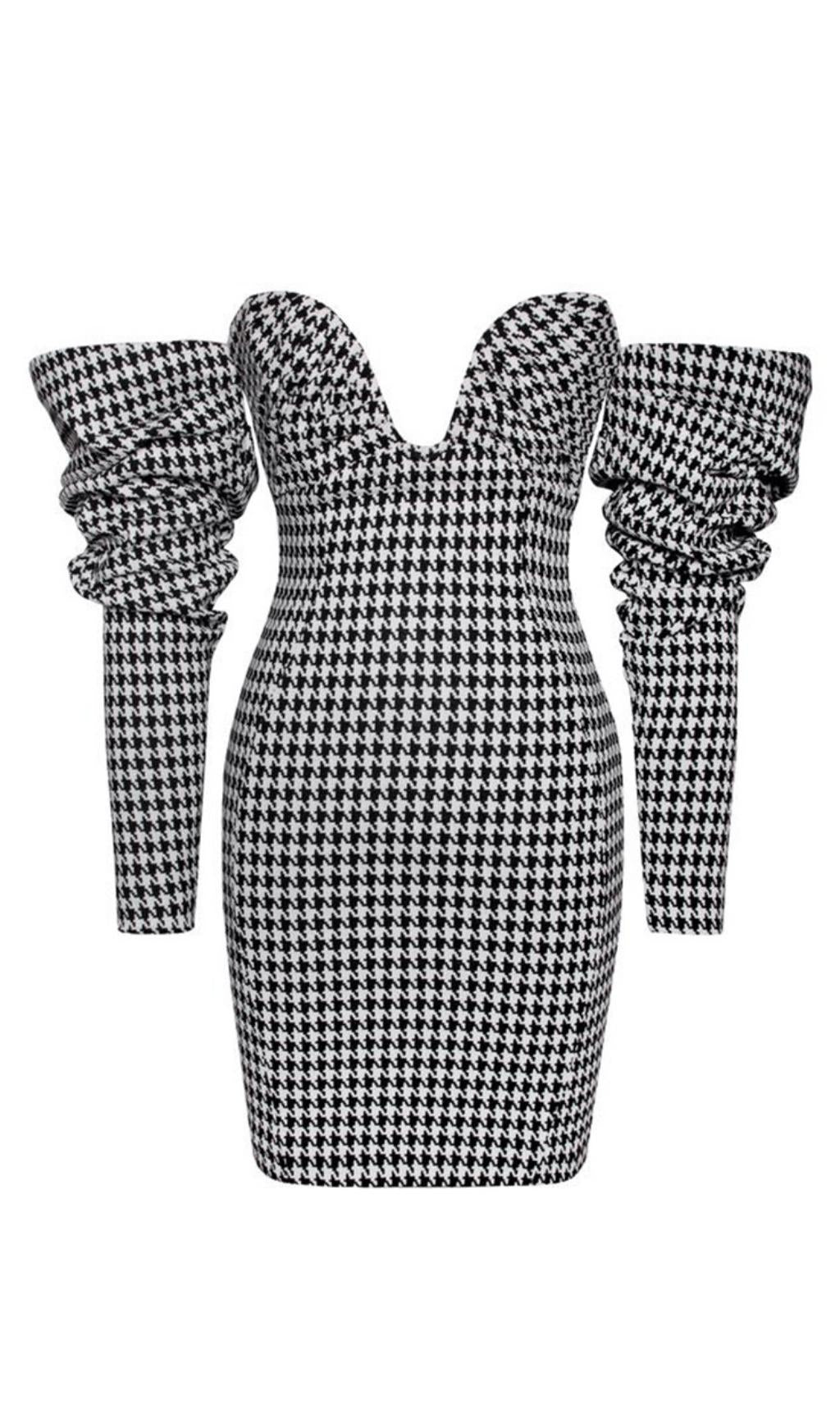 HOUNDSTOOTH WORD SHOULDER WRAP DRESS