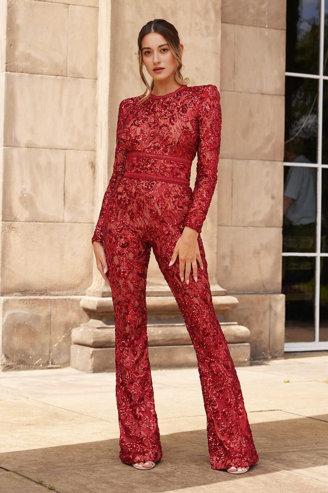 Embellished Lace Red Jumpsuit