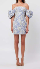 PUFF FLORAL PRINT MINI DRESS IN BLUE