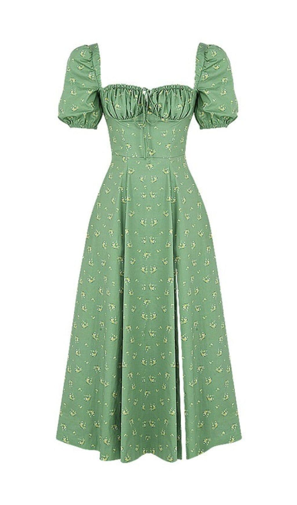 VINTAGE FLORAL PUFF SLEEVE MIDI DRESS IN GREEN