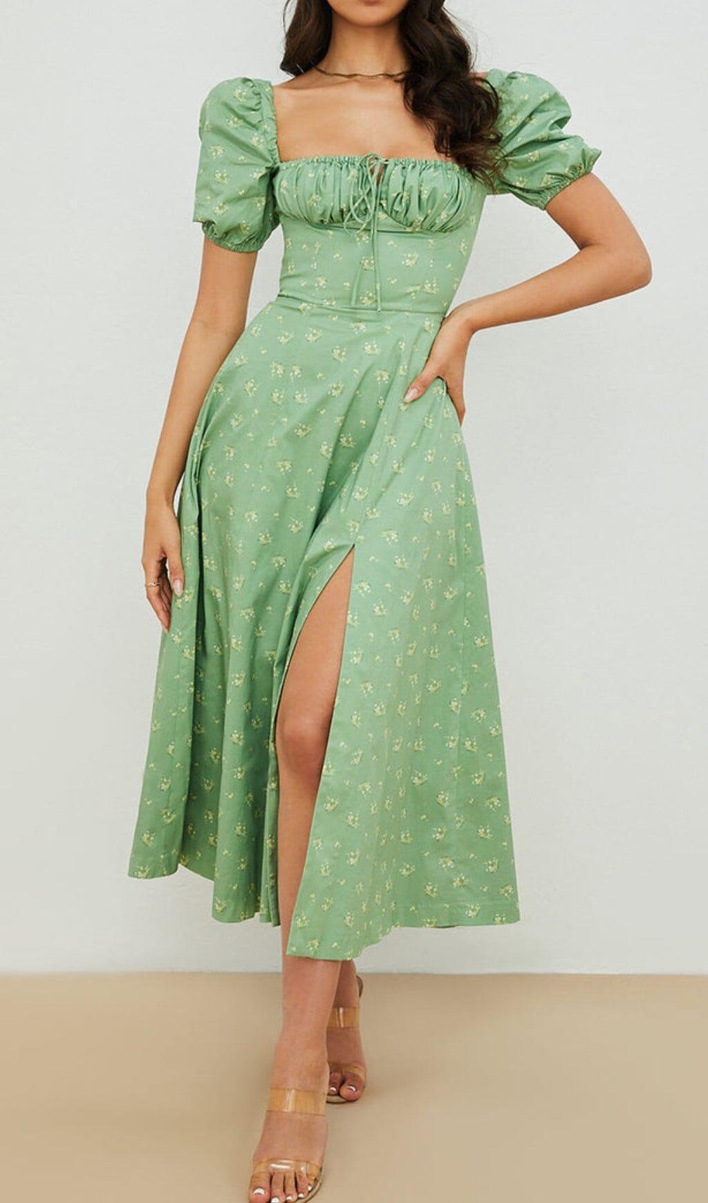 VINTAGE FLORAL PUFF SLEEVE MIDI DRESS IN GREEN