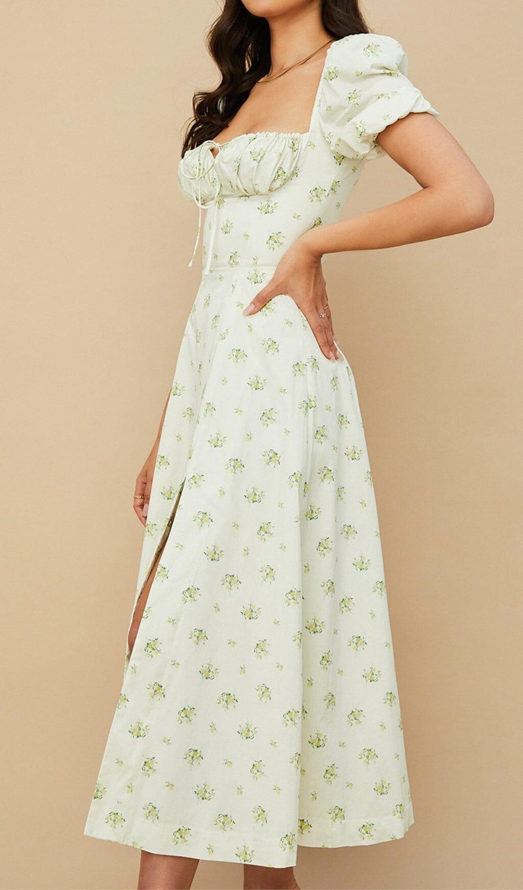 VINTAGE FLORAL PUFF SLEEVE MIDI DRESS IN WHITE