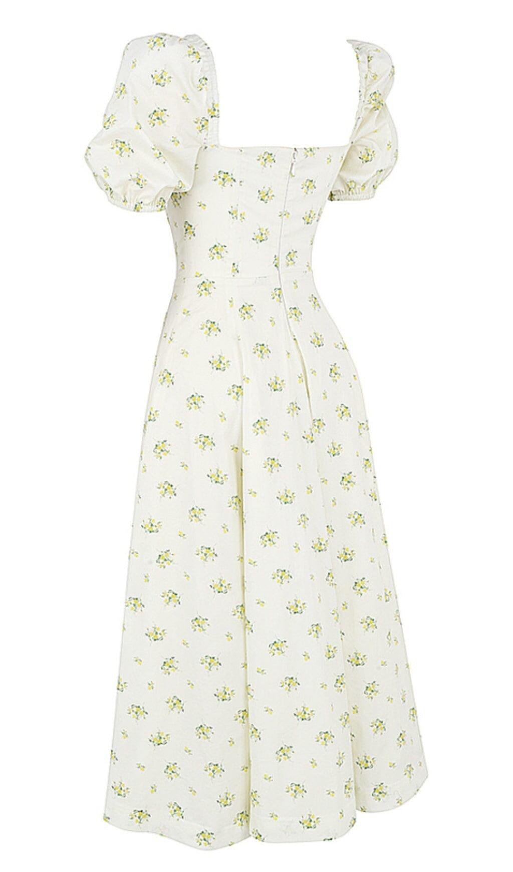 VINTAGE FLORAL PUFF SLEEVE MIDI DRESS IN WHITE