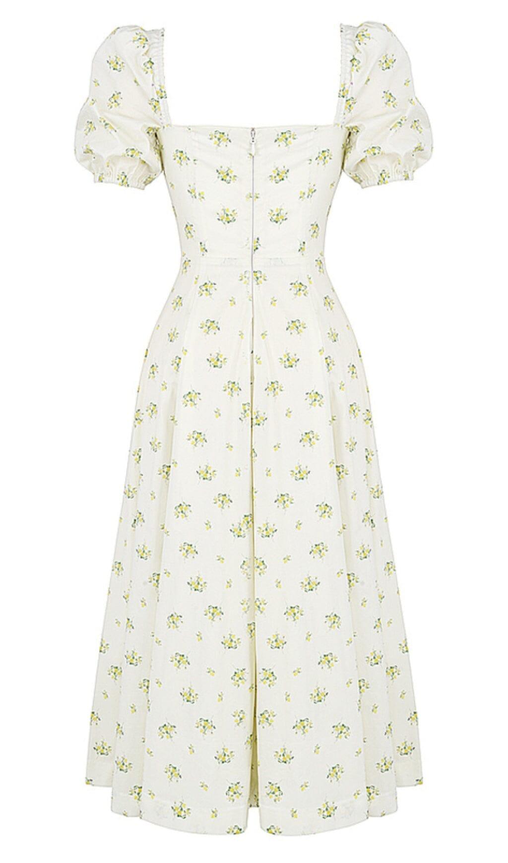 VINTAGE FLORAL PUFF SLEEVE MIDI DRESS IN WHITE