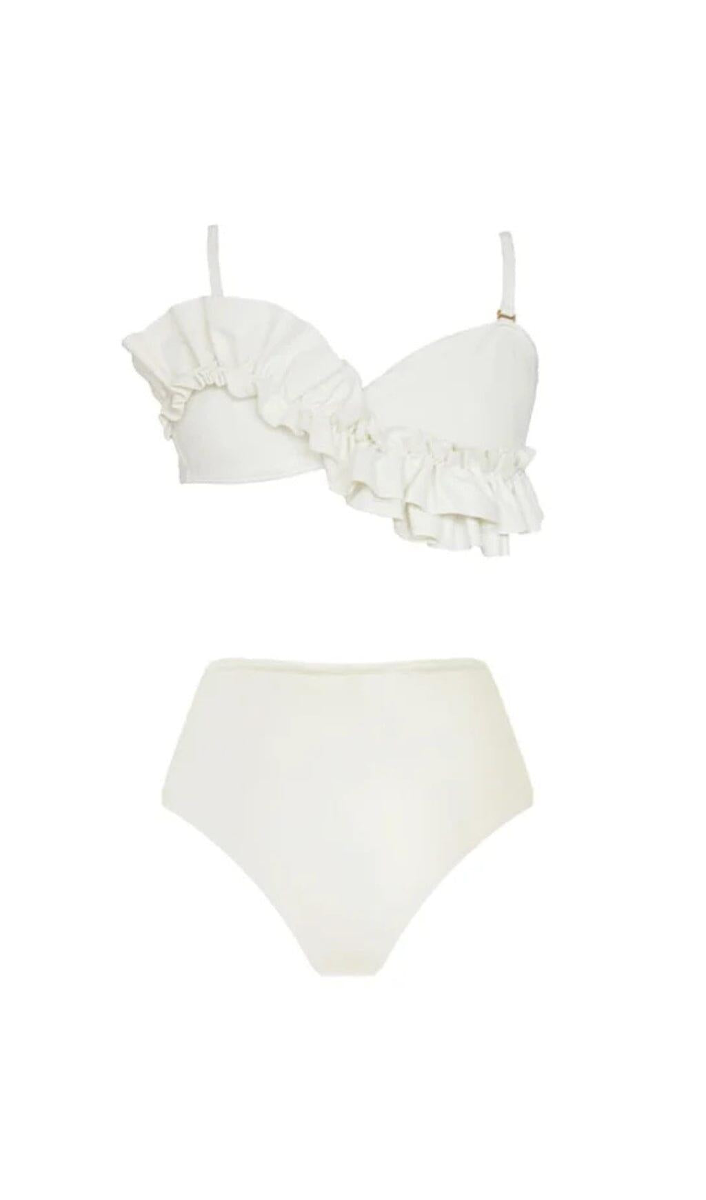 WHITE RUFFLE DETAIL HIGH WAIST BIKINI SWIMSUIT