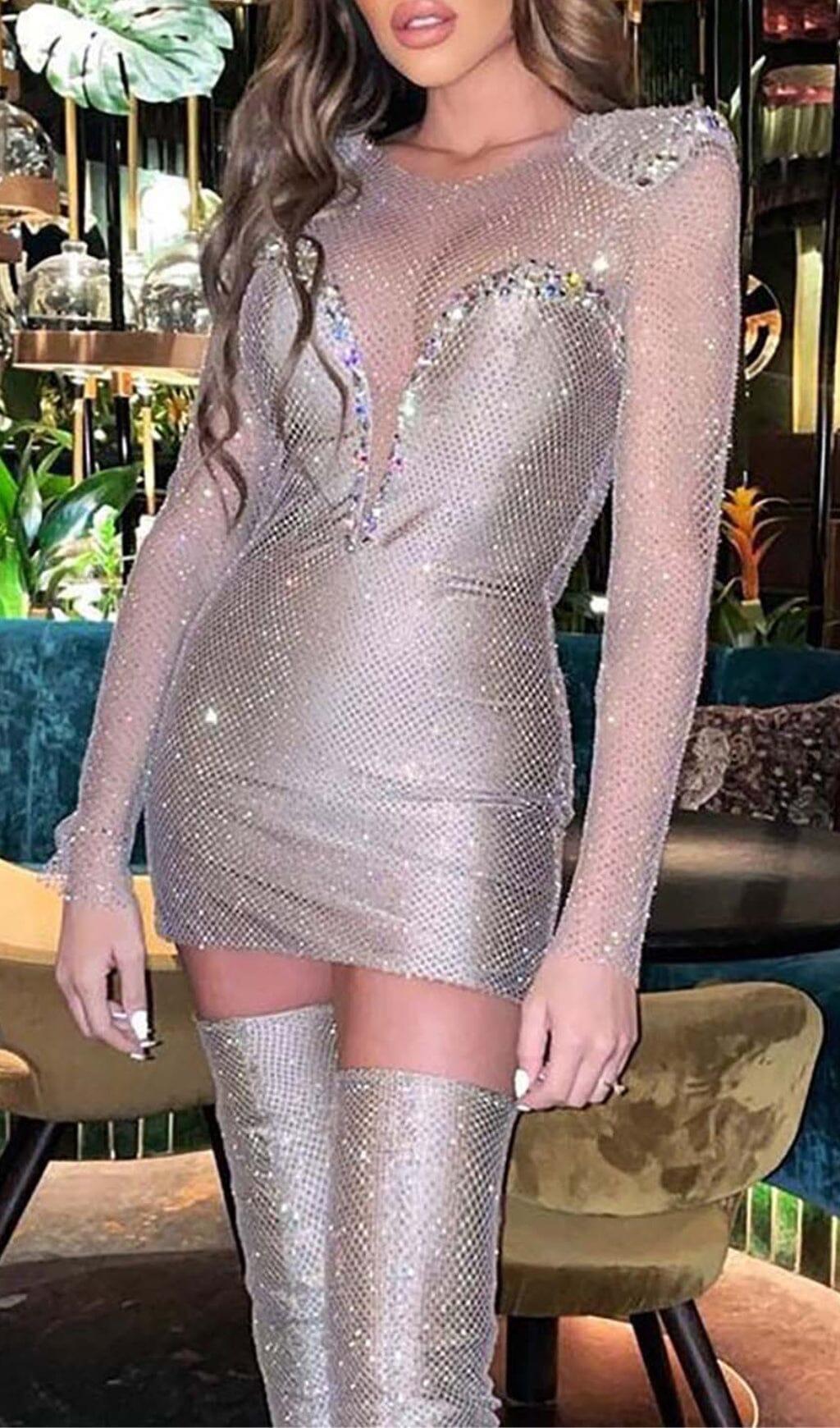 RHINESTONE MESH MINI DRESS IN SLIVER