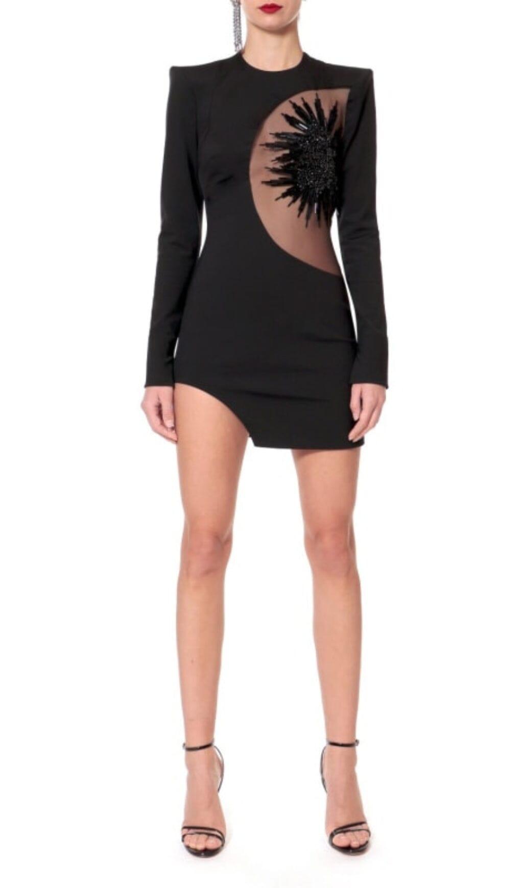 EMBELLISHED LONG SLEEVE BANDAGE MINI DRESS IN BLACK