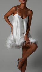 FEATHER HEM MINI DRESS IN LVORY