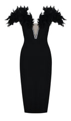 FEATHER PLUNGE MIDI DRESS IN BLACK