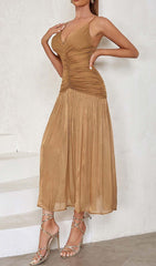 PLEATED STRAPPY MIDI DRESS IN BROWN