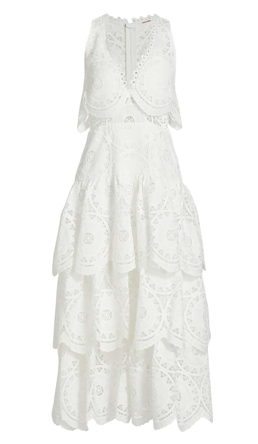 TIERED EYELET LACE MIDI DRESS IN WHITE