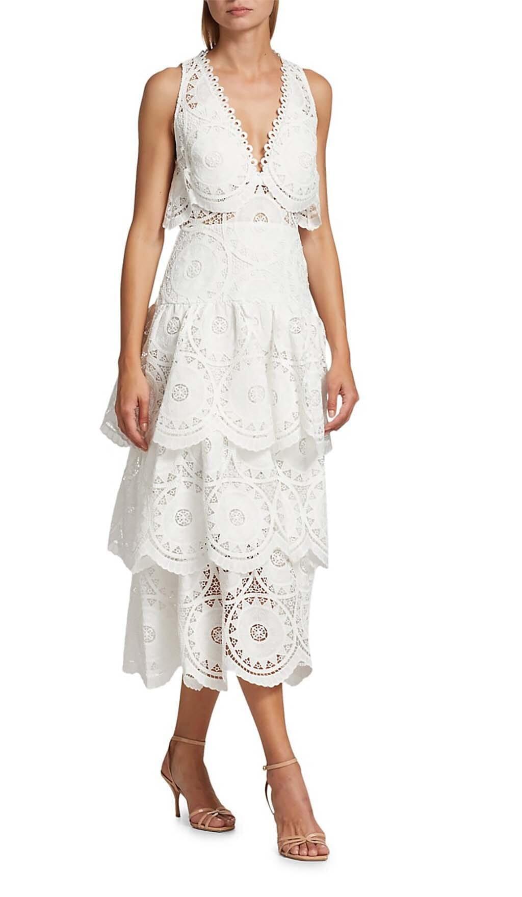 TIERED EYELET LACE MIDI DRESS IN WHITE