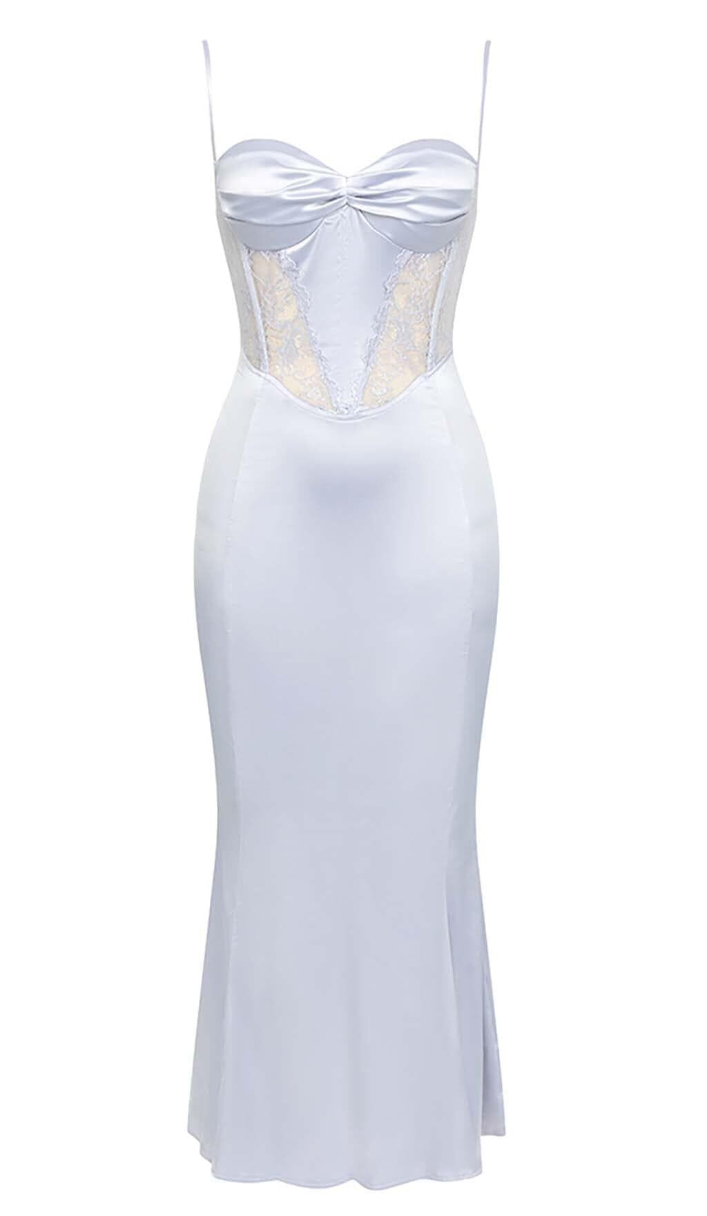 STRAPPY CORSET LACE MIDI DRESS IN LILAC