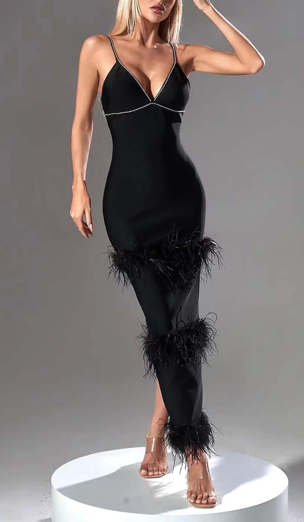 RHINESTONE TIERED FEATHER MIDI DRESS IN BLACK