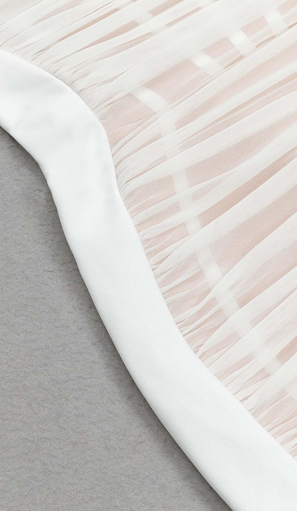RUCHED BUSTIER MESH MIDI DRESS IN WHITE