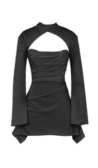 CUT OUT DRAPED MINI DRESS IN BLACK