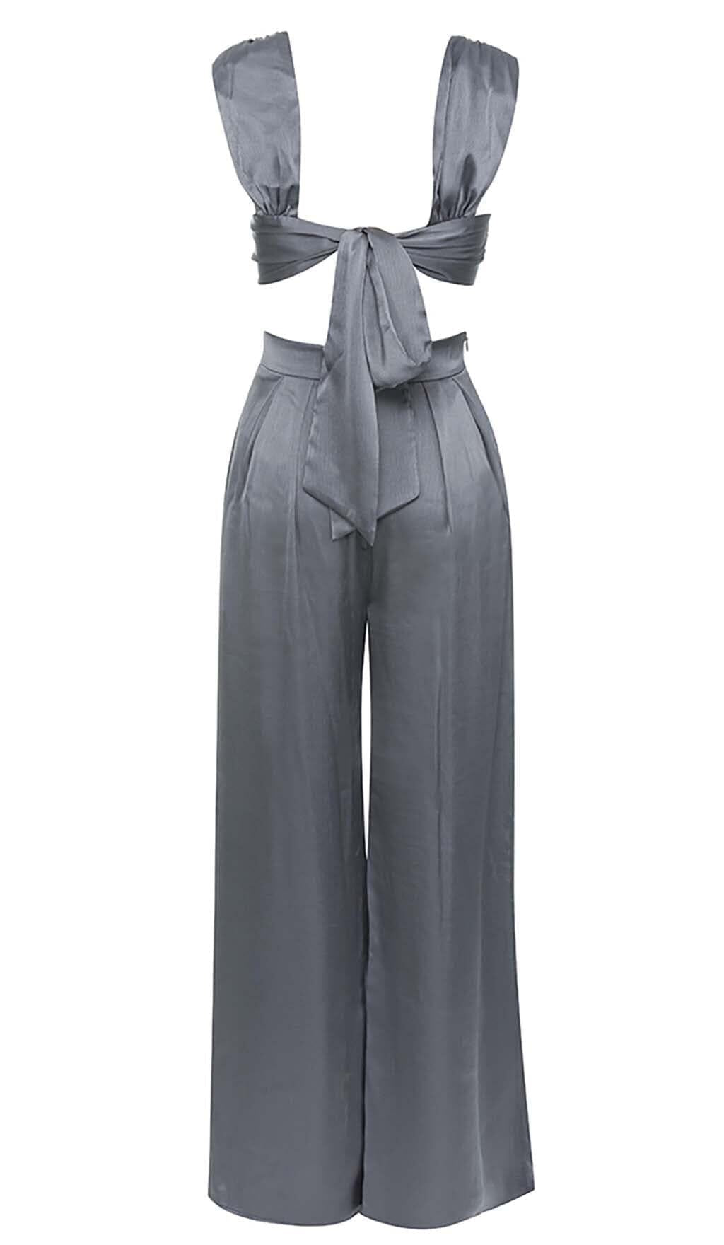 PLUNGE SATIN TWO-PIECE SUIT IN GRAY