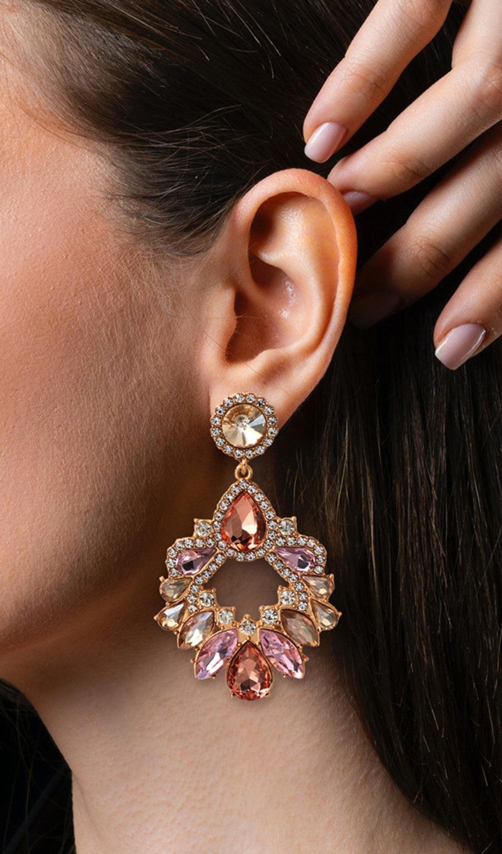 PINK CRYSTAL CHANDELIER DROP EARRINGS