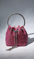 CRYSTAL EMBELLISHED BUCKET BAG IN HOT PINK