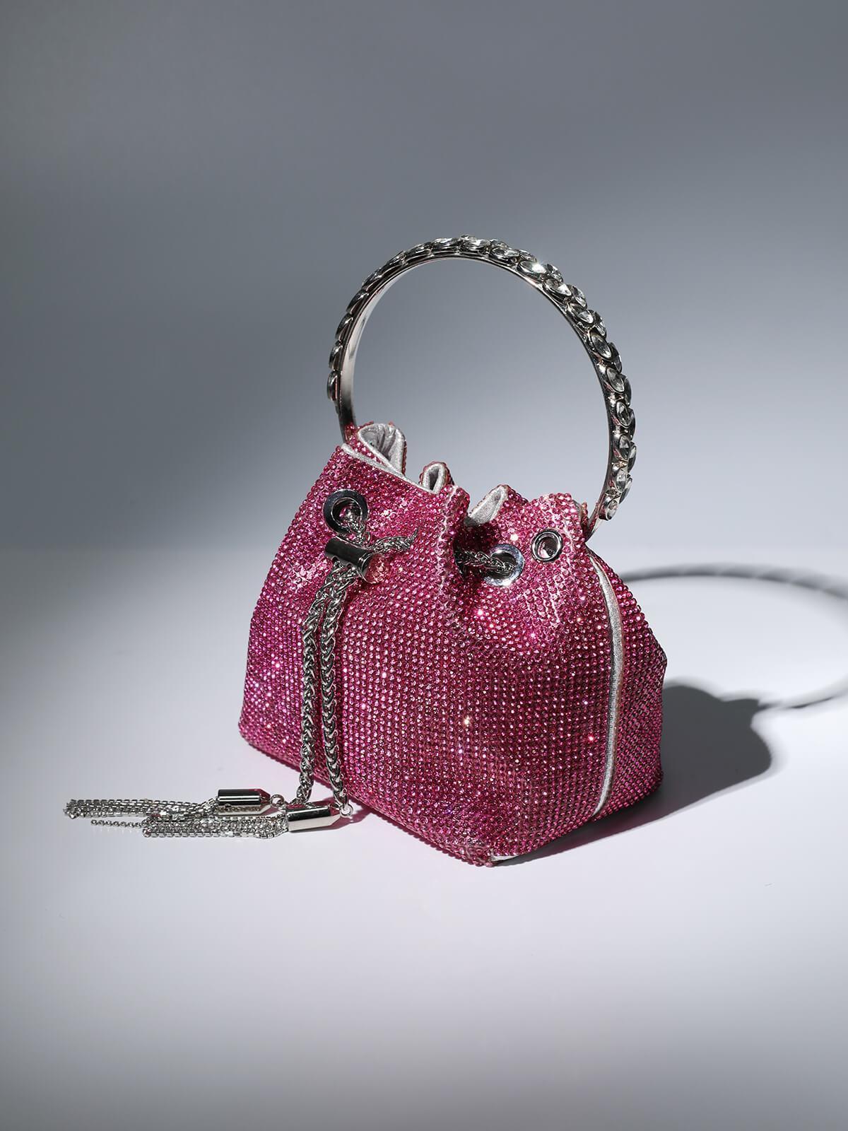 CRYSTAL EMBELLISHED BUCKET BAG IN HOT PINK