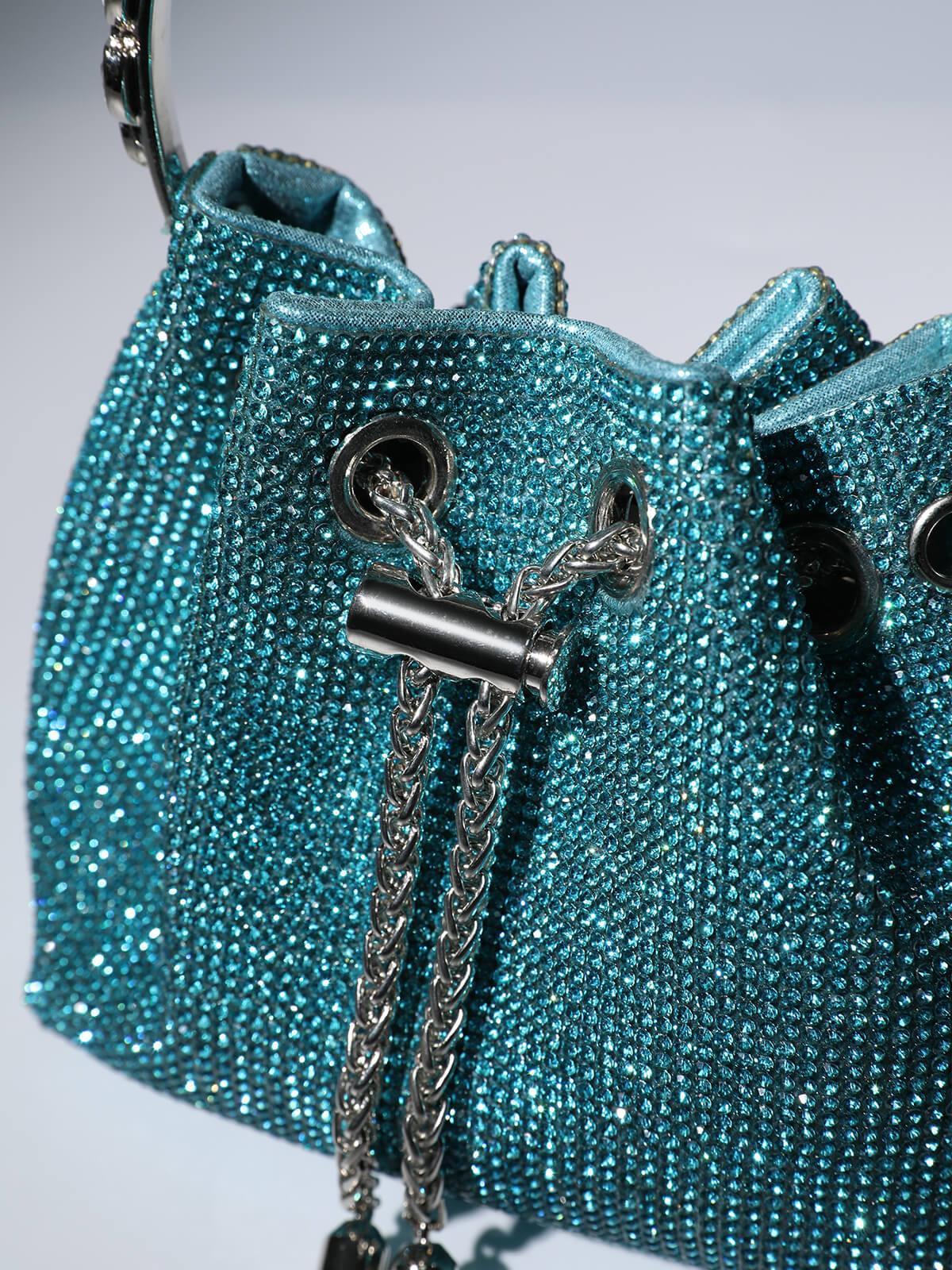 CRYSTAL EMBELLISHED BUCKET BAG IN BLUE