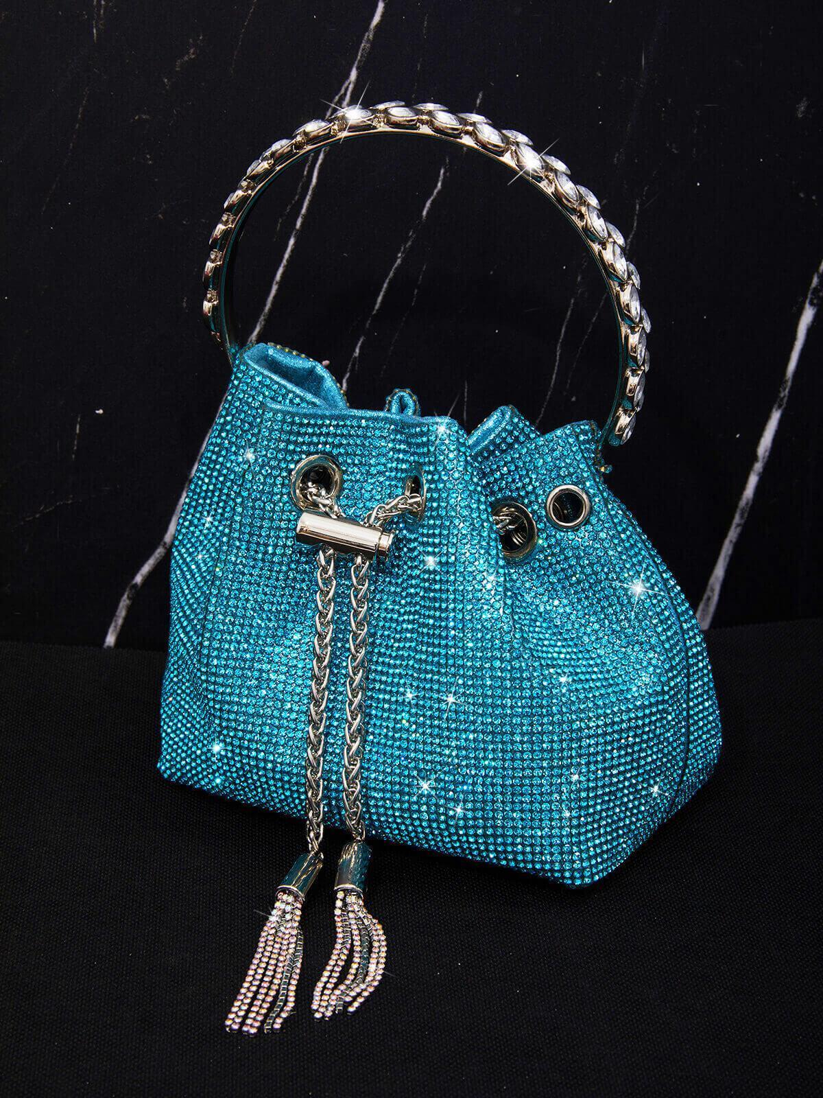 CRYSTAL EMBELLISHED BUCKET BAG IN BLUE