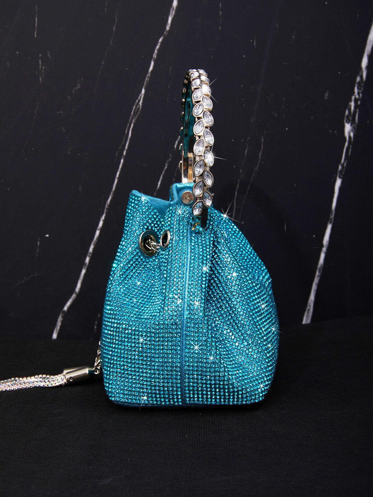 CRYSTAL EMBELLISHED BUCKET BAG IN BLUE