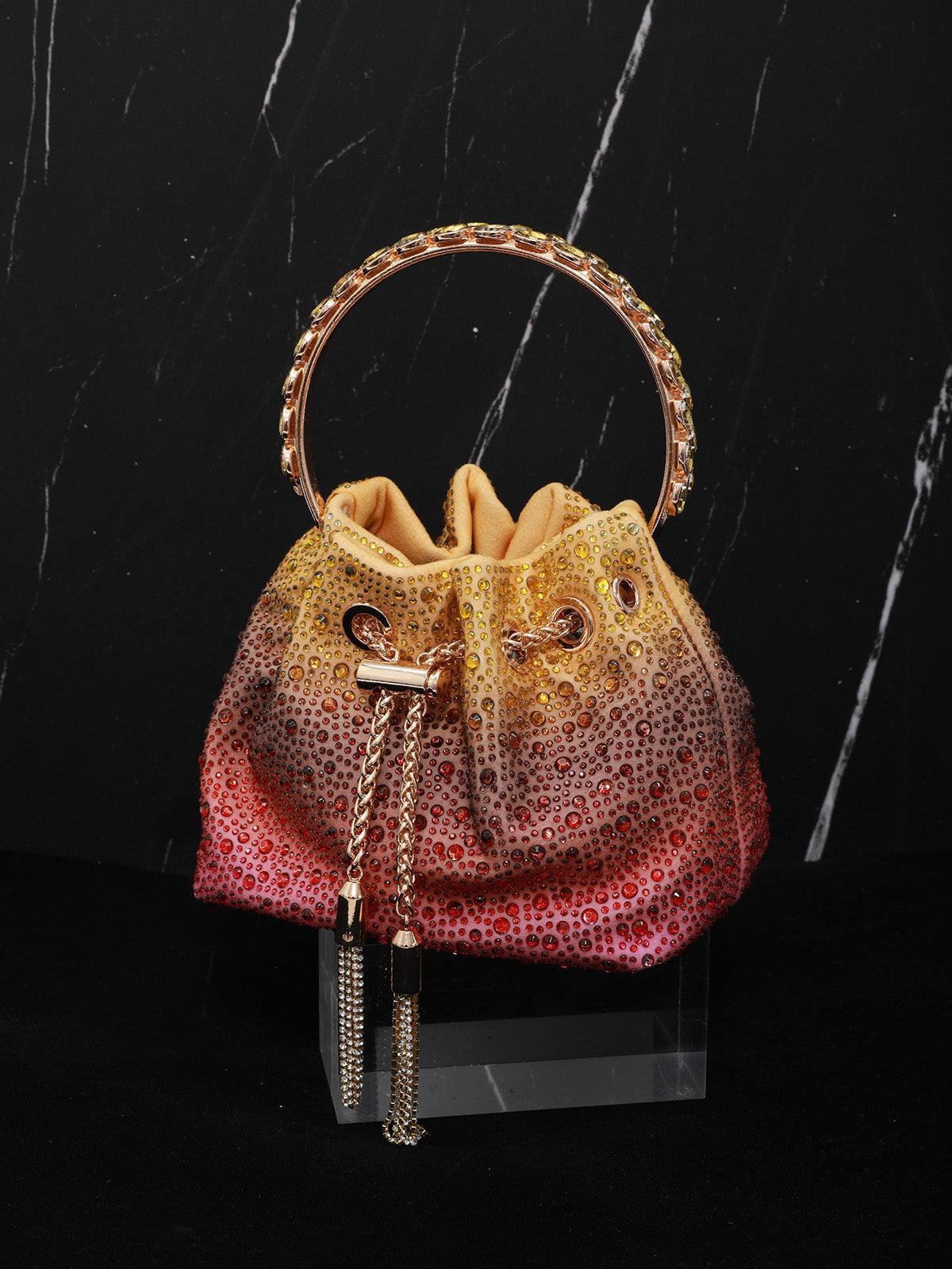 CRYSTAL EMBELLISHED BUCKET BAG IN OMBRE