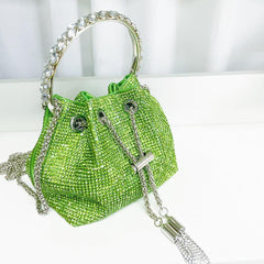 CRYSTAL EMBELLISHED BUCKET BAG IN GREEN