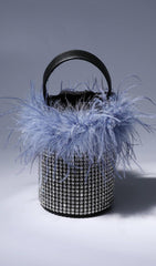 FEATHER RHINESTONE BUCKET BAG IN BLUE