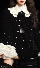 STARRY VELVET RHINESTONE LACE TRUMPET SLEEVE SHORT COAT & SKIRT SUIT