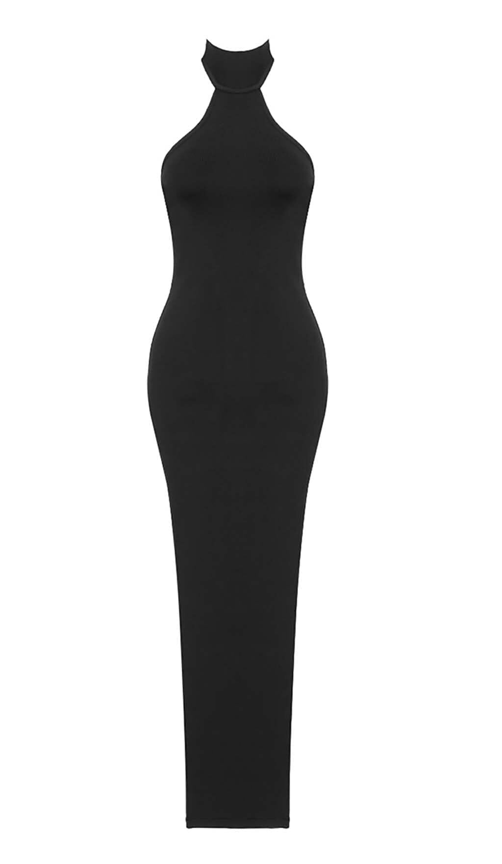 HALTER BACKLESS BANDAGE MIDI DRESS IN BLACK