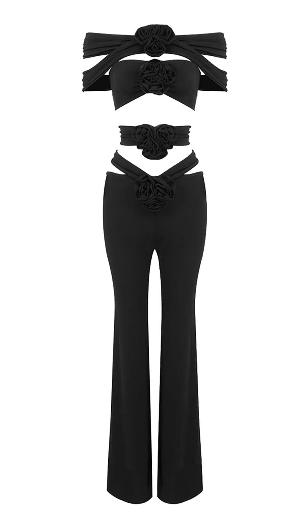 3D FLOWER-EMBELLISHED JUMPSUIT IN BLACK