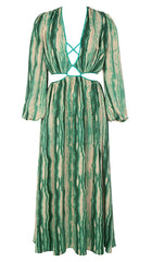 ALLOVER PRINT CUT OUT PUFF SLEEVE DRESS IN EMERALD GEMSTONE