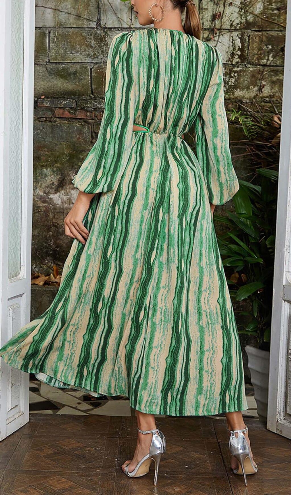 ALLOVER PRINT CUT OUT PUFF SLEEVE DRESS IN EMERALD GEMSTONE