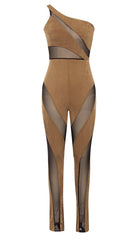 ASYMMETRICAL PATTERN MESH JUMPSUIT IN BROWN